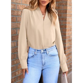 EVALESS Women Blouse Work Interview Long Sleeve Blouse Dressy Casual Summer Tops Womens Business Outfits Ladies Elegant V Office Neck Plus Size Spring Clothes for Women B Khaki XX-Large