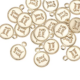 DanLingJewelry 50 pcs 18K Gold Plated Brass Meaningful Charms Flat Round with Word Good Luck Charms for Jewelry Making