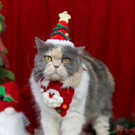 MITOCAPY Handmade Cat Christmas Costume,Dog Christmas Outfits,Christmas Tree Dog Hat & Cute Santa Cat Bandana for Dogs and Cats