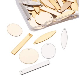 Pandahall 48pcs Mixed Brass Blank Stamping Tags Charms Pendants Flat Round Oval Rectangle Horse Eyes Dangle Charms Tag Light Gold & Golden & Platinum for DIY Jewelry Making Supplies