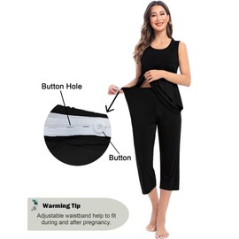 SWOMOG Double Layers Labor/Delivery/Nursing Maternity Pajamas Capri Set Sleeveless Adjustable Size for Pregnancy Postpartum Black