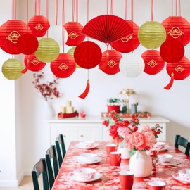 25Pcs Chinese Lunar New Year Decorations 2025 Red Paper Lanterns Fan Honeycomb Balls Hanging for Party Home Decor