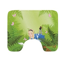 Lunarable Alice in Wonderland Toilet Mat, Cartoon Lady in Forest Butterfly Nature Magic Love Theme Art Retro, Water-Resistant Quick Drying U-Shaped Contour Bathroom Rug, 20" x 16", Green Pink Blue