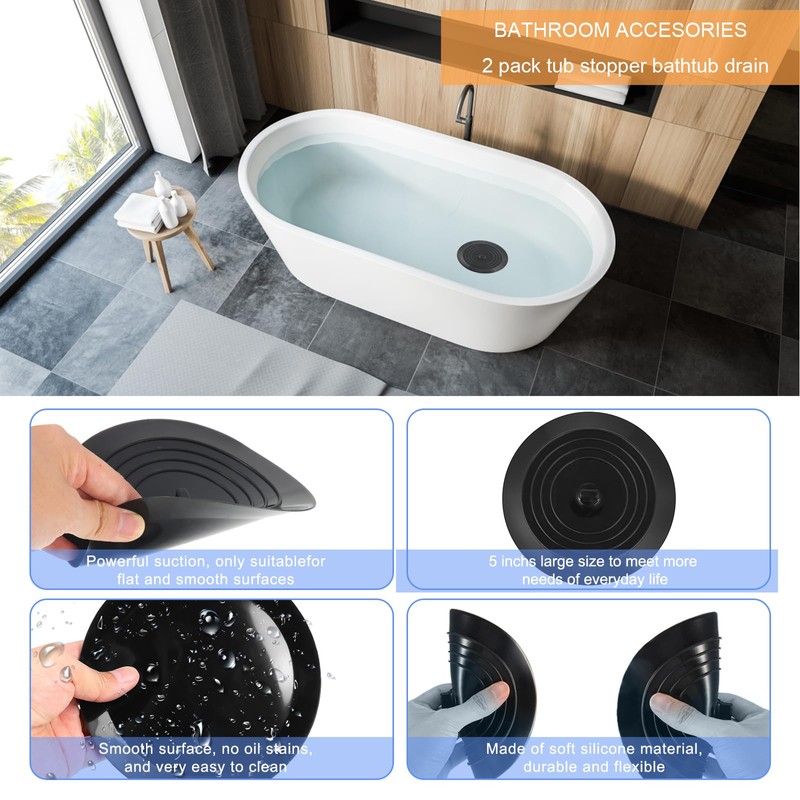V-TOP Bathtub Drain Stopper 2 Pack, 5 inches Silicone Tub