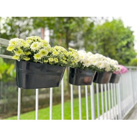 LaLaGreen Outdoor Plants Rail Planter (8 Pack, 11.2 Inch) Black Metal Iron Hanging Flower Pots Deck Railings Fence Buckets Modern Garden Boho Style Wall Mount Window Box Plant Holder Hooks Porch Decor