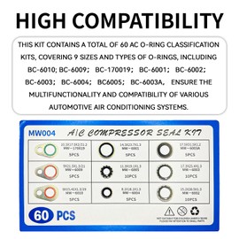 KUQUTIDY 60PCS A/C O Ring Kit AC Seal Kit, Air Conditioning Compressor Gasket Seales, A/C Compressor Port Seal Washers Kit, 9 Sizes O Ring Gasket Bonded Sealer Assortment, Universal Car Accessories