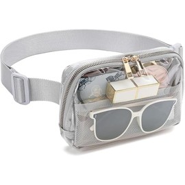 Clear Fanny Pack with Adjustable Belt, PVC Transparent Waist Bag, Silver Mesh Trim