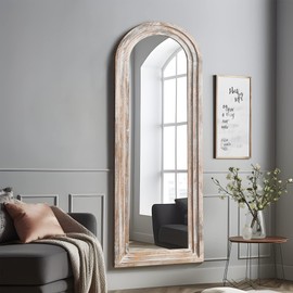 NeuType 65"x22" Arched Full Length Mirror Solid Wood Frame Mirror Floor Mirror with Back Hooks Large Wall Mirror Dressing Mirror for Bedroom Living Room, Weathering White