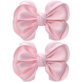 Zolyco Tiny 3 Inch Hair Bow Clips Thick Ribbon - Cute Lined Boutique Alligator Hairpin for Girls, Toddlers, and Little Teens - Kids Barrettes Set of 2 Small Stylish (Light Pink)