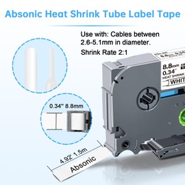 Absonic 3-Pack Compatible Heat Shrink Label Tape Replacement for Brother Hse221 Hse-221 P Touch Heat Shrink Tube 8.8mm Black on White Label Maker Tape for PT-E300 PT-E500 PT-E550W P750WVP PT-E800W
