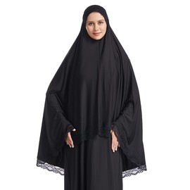 Khimar Long Hijab Scarf For Women One Piece Lace Headscarf Muslim Ready To Wear Jersey Scarves Instant Undercap Non See Through Headwear Arabia Islamic Prayer Dress Shawls Body Cover Black L