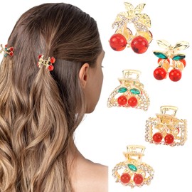 Vovii 5Pcs Mini Cherry Claw Clips for Women Girls, Small Cute Rhinestones Hair Clips with Cherry Design for Half Up Styles, Decorative Hair Accessories