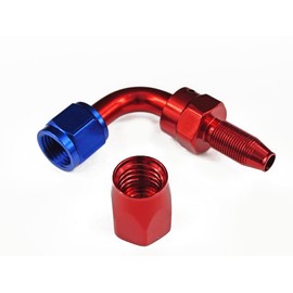 Aluminium Fitting 90Á Connector in AN6, Dash6, D-06, 9/16 Inch 18UNF Screw Connector - Anodised Aluminium in Red/Blue