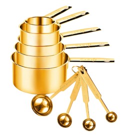 Measuring Cups and Spoons Set of 9, Stainless Steel Handle with Metric and US Measurements, Golden Polished Finish, Dry & Liquid Ingredient Measuring Cup for Cooking and Baking