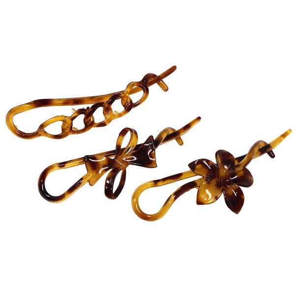 Parcelona French Twist n Clip Flower, Bow and Chain Savana Celluloid Acetate Set of 3 Metal Free Hair Clip Barrettes