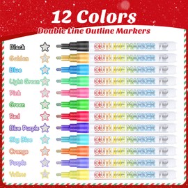 Outline Markers Double Line 12 Colors, Metallic Glitter Markers Outline Marker Pen Set for Kids 4-12 Year Old Girl, Stocking Stuffers for kids Teens for Art Supplies, Drawing, DIY Crafts