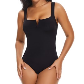 SHAPERIN Faja body para mujer body con cuello cuadrado y doble capa, control de abdomen y cintura, tanga, sin mangas (Negro,M)