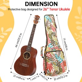 DELTAMANN 26" Tenor Ukulele Gig Bag- Summer Tropical Leaves Print Instrument Bag - Green Leave