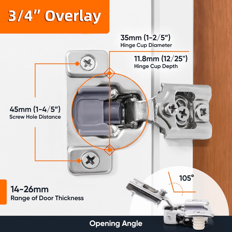 DecoBasics Kitchen Cabinet Hinges - 3/4 Inch (Pack of 10)