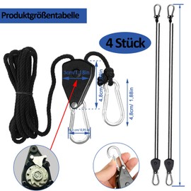 Rope Ratchet with Hooks, Pack of 4 Ratchet Hangers, Adjustable Rope Ratchet Hanger, 1/8 Inch Ratchet Hanger, Rope Ratchet for Hanging Tent Growing Plant Lamp - Black