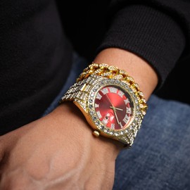 HALUKAKAH Diamonds Gold Watch Iced Out, Men's 18K Real Gold Plated 42MM Width Red Dial Quartz Wristband 24cm with Cuban Link Chain 20cm Bracelet Set, Free Giftbox