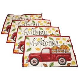 4 Pc Fall Placemat Set - Tapestry Style Hello Fall with Vintage Truck Carrying Pumpkins & Colorful Leaves - Comes in an Organza Bag so It's Ready for Giving!