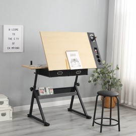 Height Adjustable Drafting Table with Tilting Tabletop, Artist Desk for Drawing and Watercolor Paintings, Includes 2 Storage Drawers and Stool - Perfect Work Station for Home Office