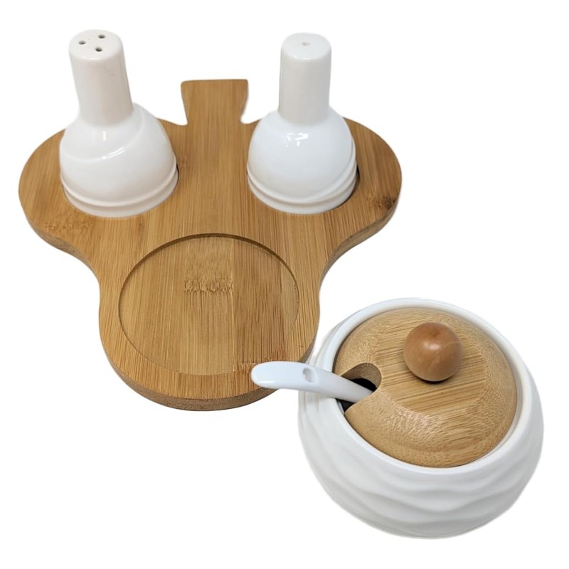 Ceramic Condiment Set with Bamboo Base – Salt and Pepper