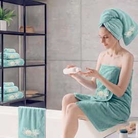 Gilprop 3 Pcs Coastal Ocean Bath Cotton Towels Set Including 1 Bath Towel 1 Hand Towel and 1 Wash Cloth, Teal Beach Embroidered Towels Gift Set for Summer Kitchen Bathroom Gym Spa Decoration