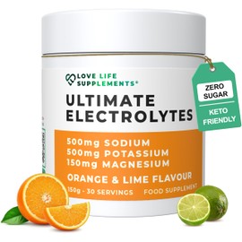 LOVE LIFE SUPPLEMENTS Ultimate Electrolytes Powder, 500mg Sodium, 500mg Potassium, 150mg Magnesium, 150g - 30 Servings, Pink Himalayan Salt For Hydration, Orange & Lime Flavour, Sweetened with Stevia- Love Life Supplements