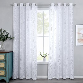 Kotile Silver White Curtains 63 Inch Length, Metallic Silver Tree Branch Shimmer White Curtains for Bedroom, Grommet Top Privacy Semi-Sheer Curtains, 52 x 63 Inch, 2 Panels, Silver White