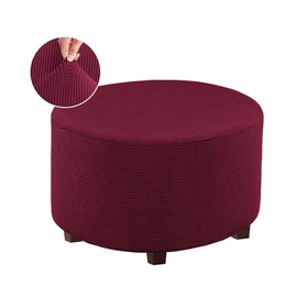 VIENLOVE Round Ottoman Slipcover Polyester Blend Footstool Protector Covers Stretch with Elastic Bottom Feature Textured Machine Washable Jacquard Fabric (Burgundy, X-Large Size)