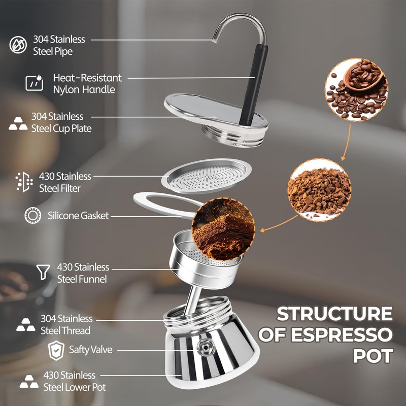 Uncoated 1 Cup Single Tube Moka Pot 304 Thickened Stainless
