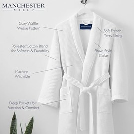 Manchester Mills Waffle Weave Shawl Collar Robe - Premium Cotton/Polyester Blend Bathrobe With Lightweight French Terry Lining for Hotel or Home, 48 Inch Length
