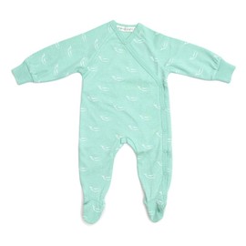 Organic Cotton Crossover Baby Sleepsuit with Feet - Sage Green Tiny Whales, 3-6 MTHS