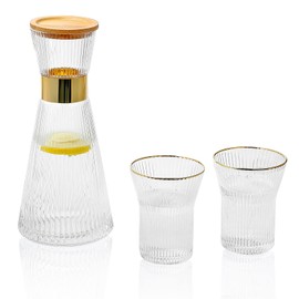 G Fluted Glass Bedside Water Carafe With Bamboo Lid 34 oz and Glass Tumblers 2 Set 9 oz, Ribbed Carafe Bedside, Bedside Water Decanter, Bedroom Nightstand Water Pitcher and Cup Set,Crystal Clear