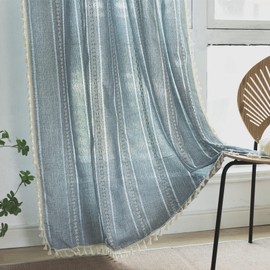 Sutuo Home Blue Boho Curtains for Bedroom Living Room, Semi-Blackout French Country Striped Linen Vintage Shabby Chic Tassels Hollow Window Treatment Bohemian Drape, 1 Panel 52" W x 96" L