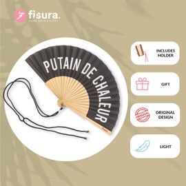 Fisura - Original handheld folding fan with message in french. wooden fan. Original holding Hand Fans. Fan with hanger included (Chaleur, black)