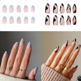 48 PCS French Line Press on Nails 2 Boxes Medium Fake Nails Almond False Nails Light Blue, Brown Line Acrylic Nails For Women Girl