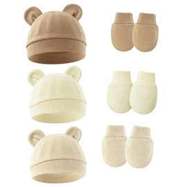 Set 3 Pezzi Cappellino e Guantini Neonato 0-6 Mesi Cotone Morbido Lavorato a Maglia AntiGraffio Protezione Solare Unisex Lavabile a Mano per Bambine e Bambini