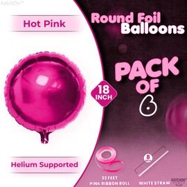 KatchOn, Big Hot Pink Balloons Foil - 18 Inch, Pack of 6 | 4D Round Hot Pink Mylar Balloons for Pink Party Decorations | Pink Foil Balloons | Metallic Pink Balloons for Hot Pink Birthday Decorations