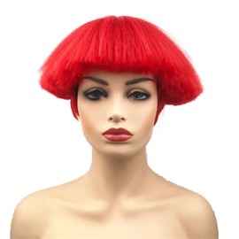 Wiginway Bowl Cut Costume Wig, Mushroom Cut Wigs for Male Women, Short Yaki Straight Fluffy Wigs, Red