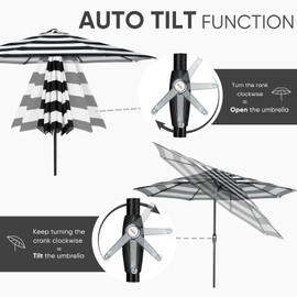 Tempera 10ft Patio Market Outdoor Table Umbrella with Auto Tilt and Crank,Large Sun Umbrella with Sturdy Pole&Fade resistant canopy,Easy to set, Black White Stripe