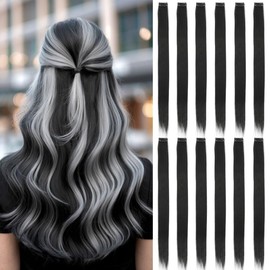 12PCS Black Hair Extensions Clip In 22Inches Straight Colored Hair Extensions For Kids Girls Colorful Highlights For Parties Gifts(Black)