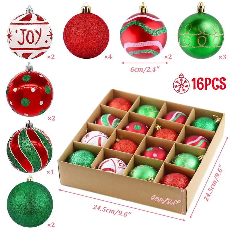 Unbreakable Christmas Baubles, Pack of 16, Plastic Christmas Tree Ornaments,