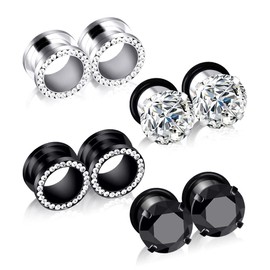 Qmcandy 8pcs Stainless Steel Cubic Zirconia Tunnels for Ears Single Row Gem Tunnels Piercing Gauge 4g