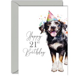 21st Birthday Cards for Women Men - Party Dog - Happy Birthday Card for 21 Year Old Woman Man Sister Brother Daughter Son Auntie Uncle Cousin, 5x7 Inch Bday Greeting Cards