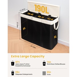 190L Laundry Hamper with Lid, Large Laundry Basket with Lid and 3 Section, Sturdy Laundry Baskets with 3 Removable Bags (L M S), Dirty Clothes Hamper Organizer for Laundry Room, Bedroom and Dorm Room