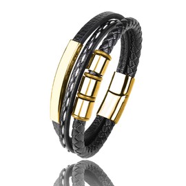 Panifio Mens Black Braided Leather Bracelet Bangle Wristband with Stainless Steel Ornaments, Leather, no gemstone