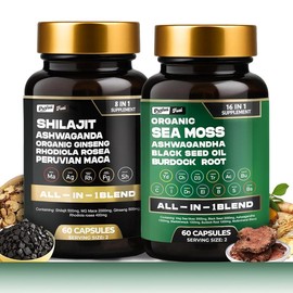 Purfect Fuel - Organic Sea Moss and Shilajit Bundle, Sea Moss Black Seed Oil Ashwagandha Ginger, All in 1 Supplements for Men and Women, 60 Capsules